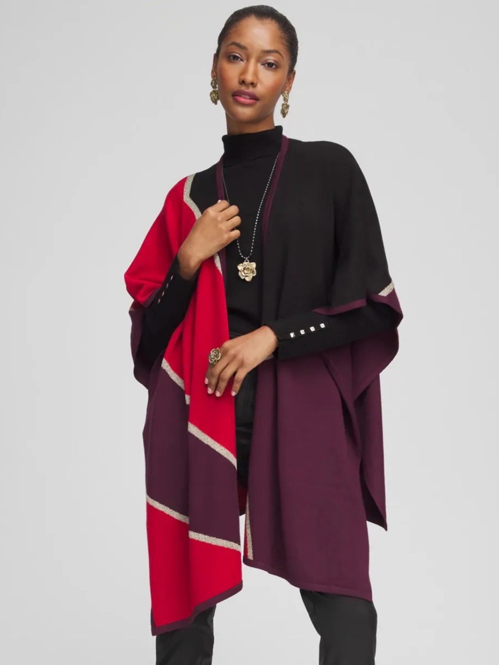 Chicos Colorblock Lurex Ruana Poncho Wrap Cape Shawl Red Purple Gold Glitter M